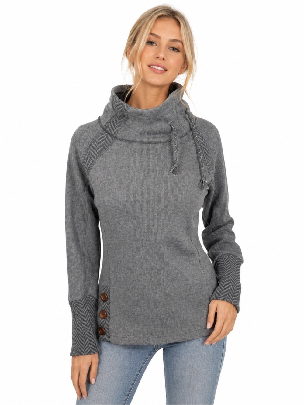 Prana Lucia Sweater Gray Drawstring Cowl Neck Wool Blend Herringbone Top Size S
